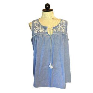 Talbots Womens Plus Size 1X Sleeveless Denim Blouse Top V-Neck Embroidered Boho
